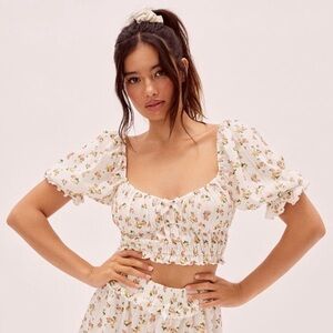 For Love And Lemons Ivory White Lola Floral Pointelle Crop Top